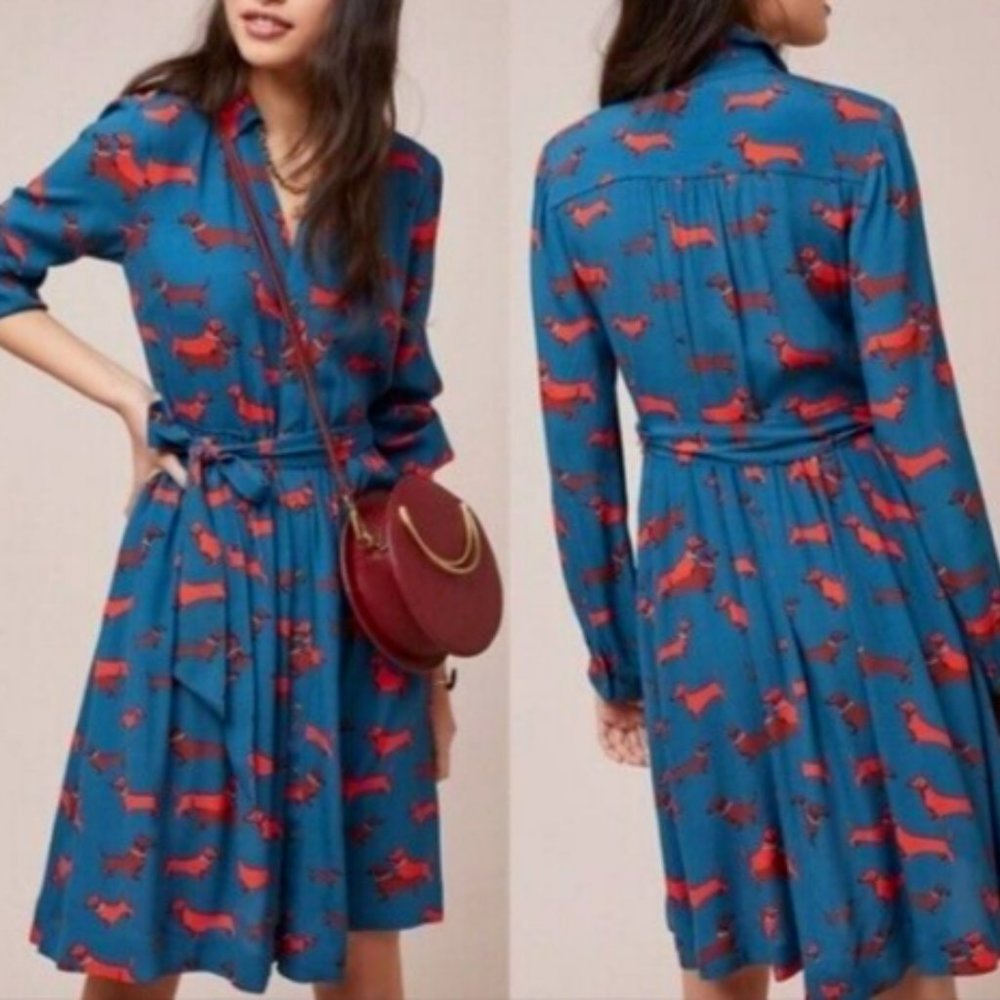 Anthropologie 33 of 52 Conversations Haute Dog Dachshund Shirt Dress Size 0